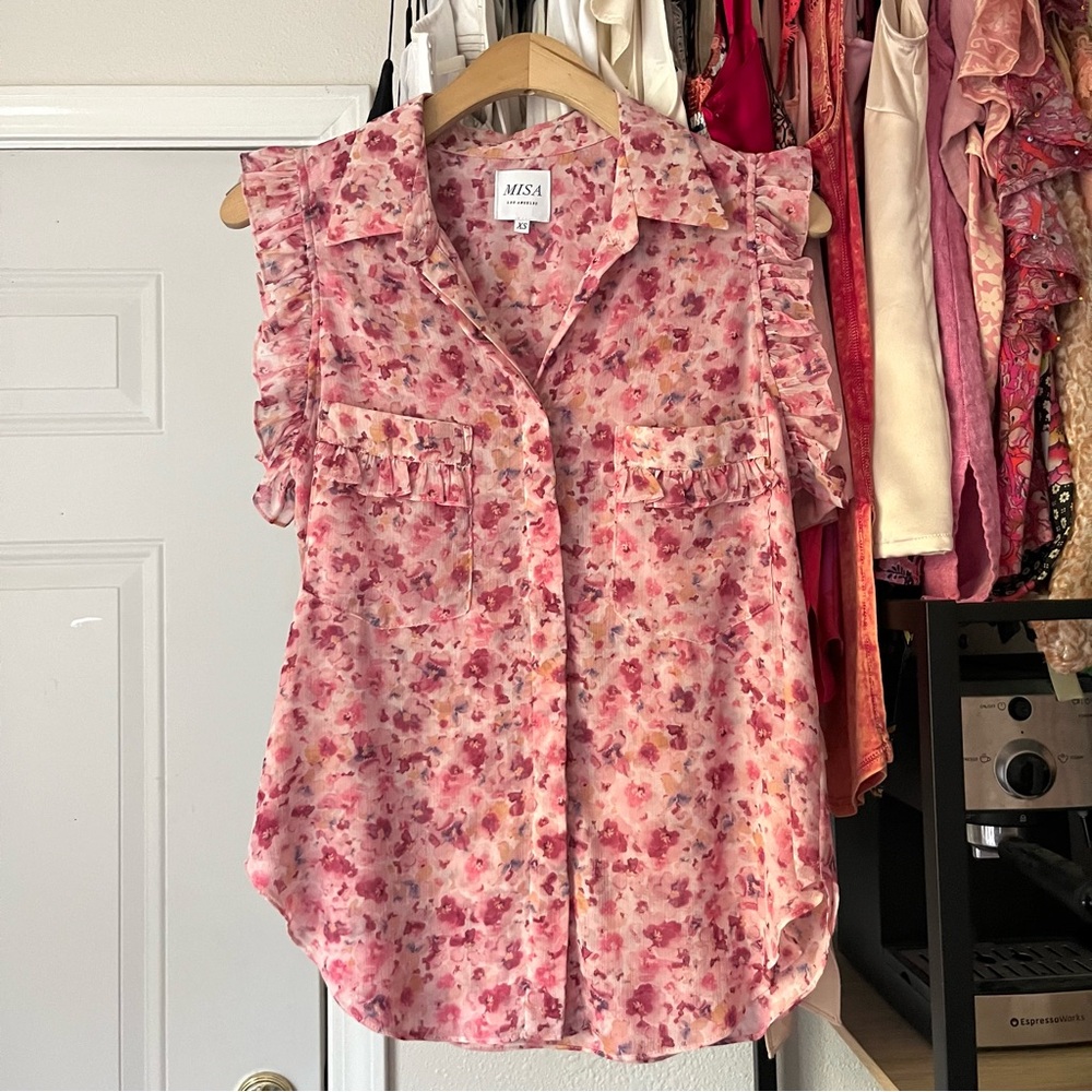 MISA LOS ANGELES pink sheer ruffle sleeveless button up floral tank top